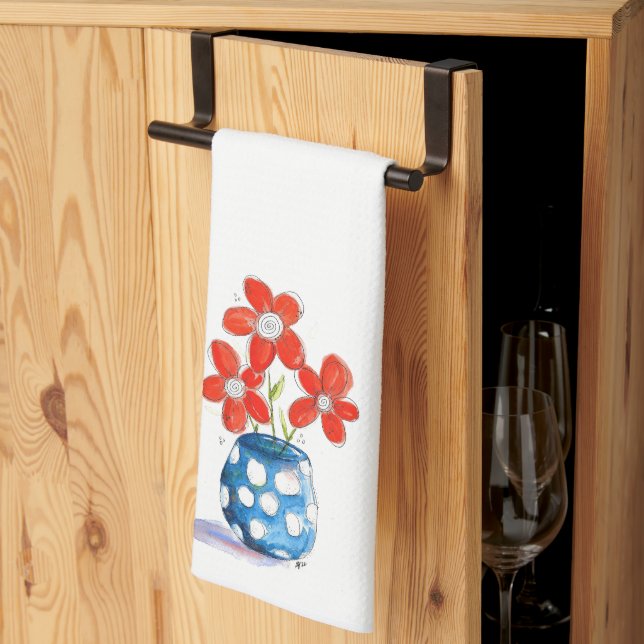 Dist-Orange Blommor i Blue Vas Kökshandduk (Thirds Fold)