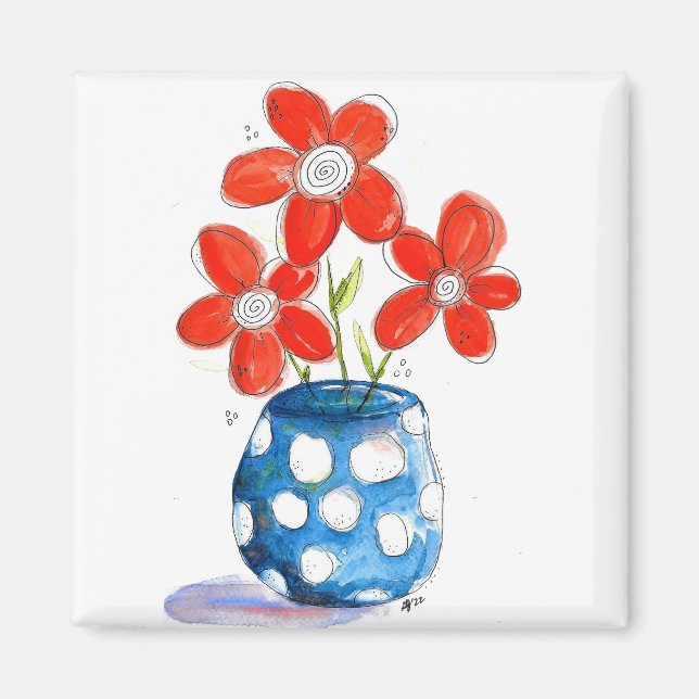 Dist-Orange Blommor i Blue Vas Magnet (Framsidan)