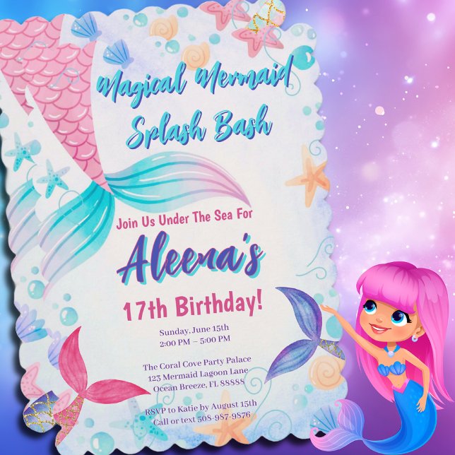 Dist Rosa Sjöjungfru Svan 17:e födelsedag Inbjudningar (Magical Mermaid Birthday Party Invitation)