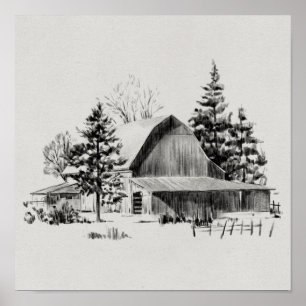 Distant Barn Sketch II Poster
