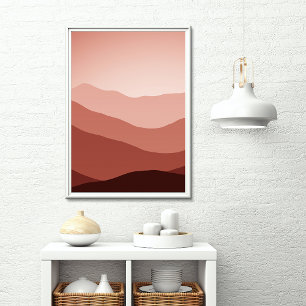 Distant Mountains Mörk Red Coral Sunset Poster