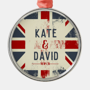 Disted Union Jack Couples Namn Bröllop Gift Julgransprydnad Metall