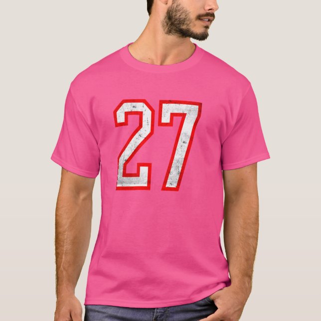 Distreserat nummer #27 Vit röd idrott, variationsn T Shirt (Framsida)