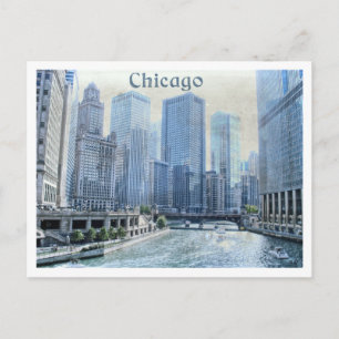 Distress Åldras Downtown Chicago Postcard Vykort