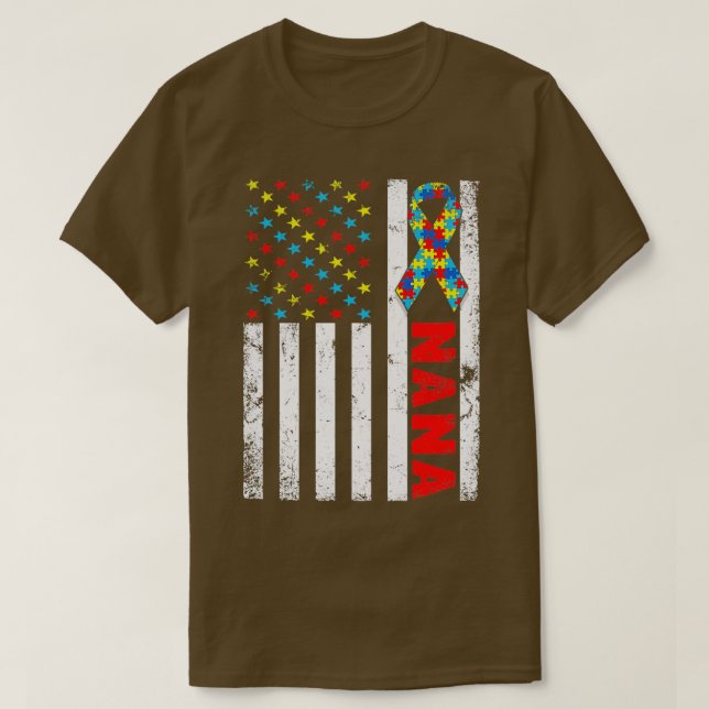Distress American Flagga Nana Autism Awareness Fam T Shirt (Design framsida)