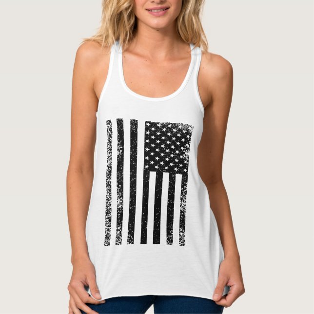 Distress Black and White American Flagga Linne Med Racerback (Framsida)