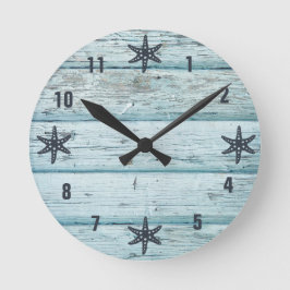 Distress Blue Beach Wood Starfish Rund Klocka
