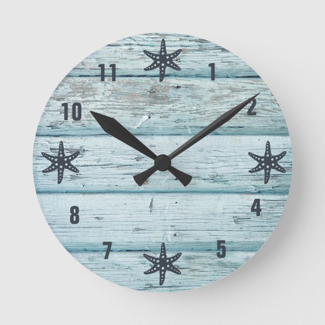 Distress Blue Beach Wood Starfish Rund Klocka (Framsida)