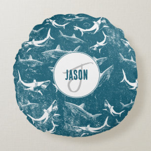 Distress Blue Shark Mönster Monogram Rund Kudde