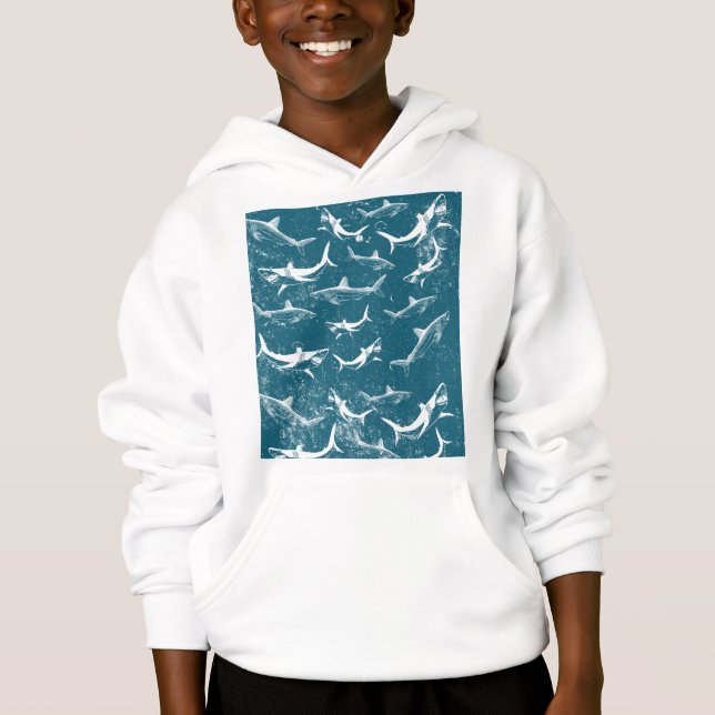 Distress Blue Shark Mönster T Shirt (Framsida)