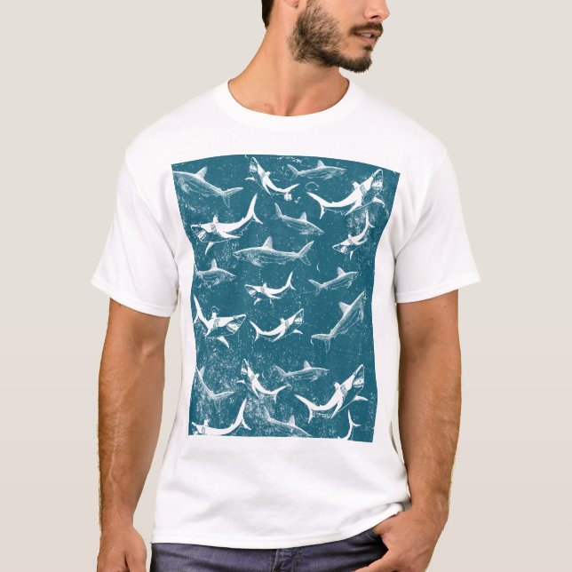 Distress Blue Shark Mönster T Shirt (Framsida)