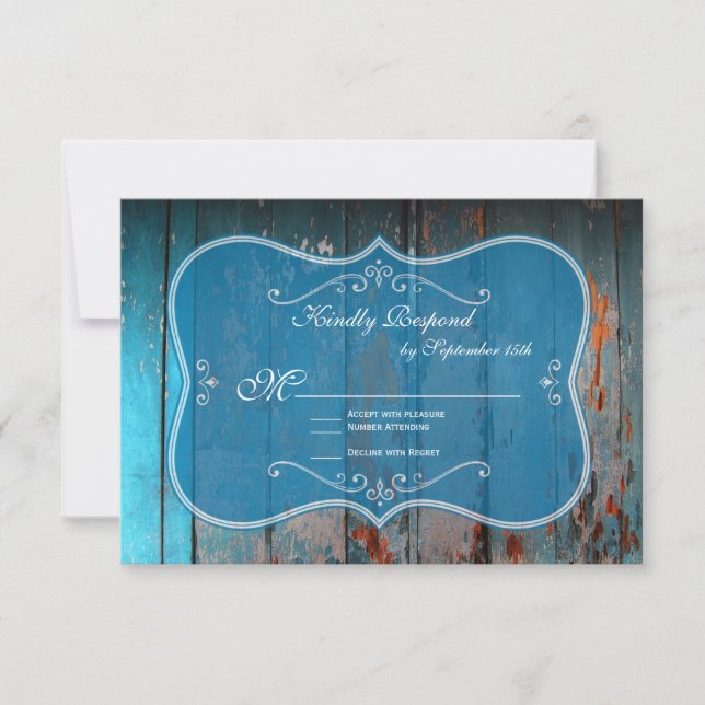Distress Blue Wood Rustic Bröllop OSA Cards (Framsida)