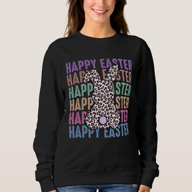 Distress Bunny Leopard Print Girls Women Happy Eas T Shirt (Framsida)