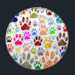 Distress Colorful Hund Tass avtryck Piltavla<br><div class="desc">Ett mönster i hund i tass avtryck i många färg och storlekar. Tecknad stil design. Gift-idé för hundälskare.</div>