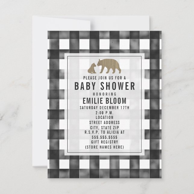 Distress Gingham Wood Bears Baby Shower Inbjudningar (Framsida)