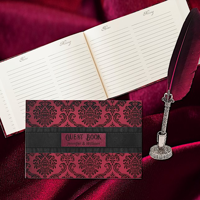 Distress Gothic Red and Black Damask Wedding Gästböcker (Skapare uppladdad)