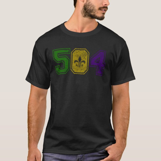 Distress Mardi Gras Retro Fleur De Lis NOLA 504 T Shirt (Framsida)