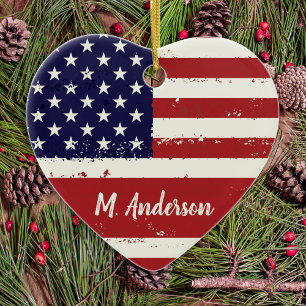 Distress Patriotic American Flagga Julgransprydnad Keramik