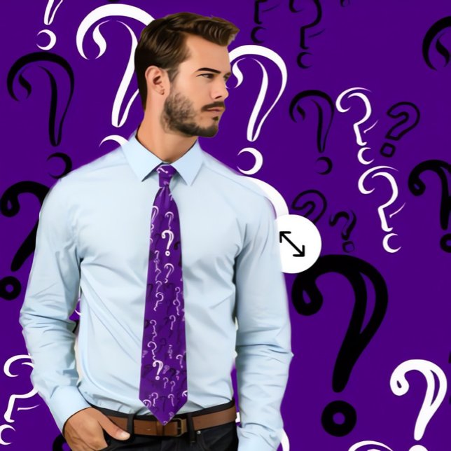 Distress Query Mark Tie- White, Black, Indigo Slips (Man wearing indigo necktie with black and white question marks.)