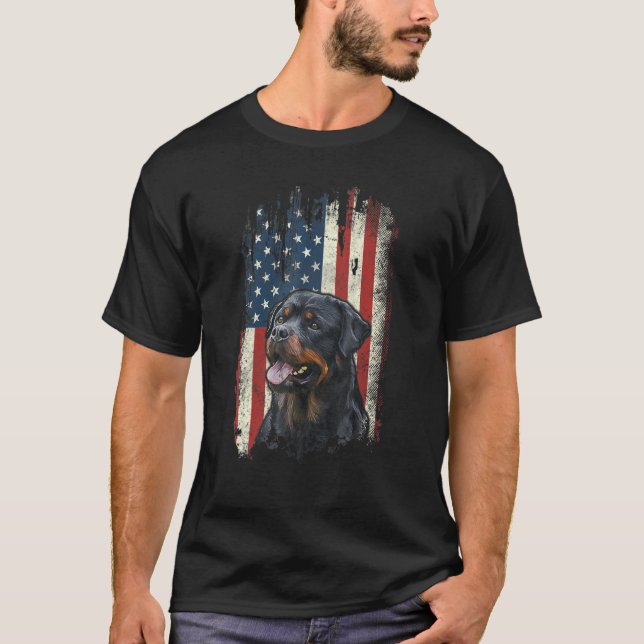 Distress Rottweiler American Flagga Patriotic Hund T Shirt (Framsida)