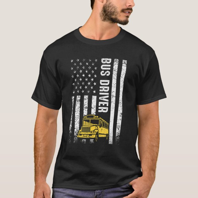 Distress School Buss Driver American Flagga Busman T Shirt (Framsida)