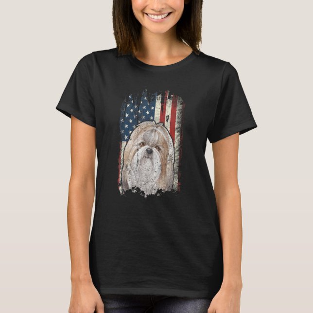 Distress Shih Tzu American Flagga Patriotic Hund T Shirt (Framsida)