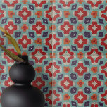 Distress Stone Struktur Kaleidoscope Geometric Kakelplatta<br><div class="desc">Den keramiska plattan har en abstrakt geometrisk mönster som utstrålar en känsla av balans och precision. Konstruktionen påminner om kalejdoskopiska bilder, där symmetriska former utstrålar från mitten i en harmonisk explosion av rött, blått, teal och beige Bakgrunden har ett plågat struktur, ge plattan och en antika charm samtidigt som man...</div>