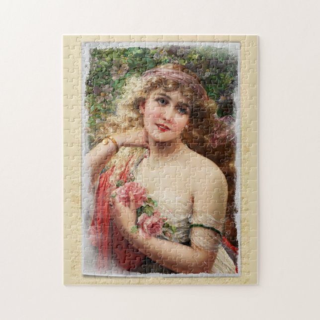 Distress Victorian Woman med Rosa ros Pussel (Vertikal)
