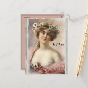Distress Victorian Woman w/Flowers on Watercolor Helg Vykort