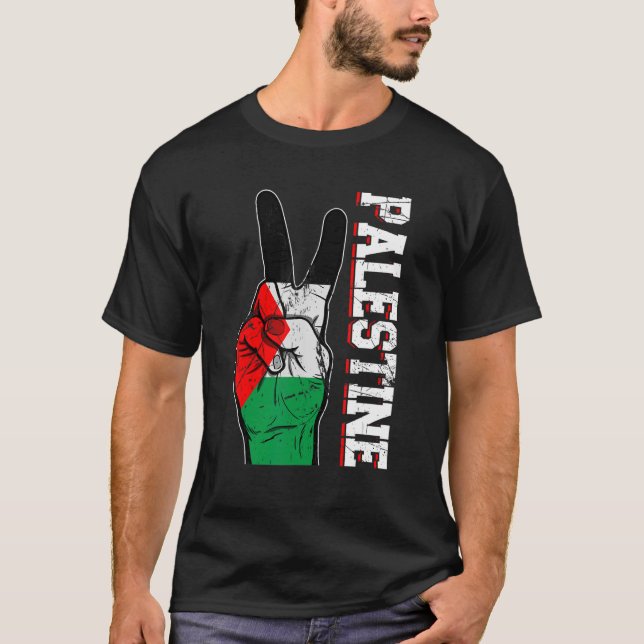 Distress Victory Two Finger Palestine Flagga Patr T Shirt (Framsida)