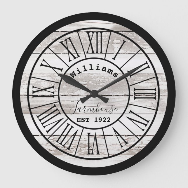 Distress White Wood Farmhouse Family Namn Stor Klocka (Framsida)