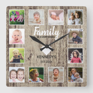 Distress Wood 12 Photo Collage Family Quote Fyrkantig Klocka