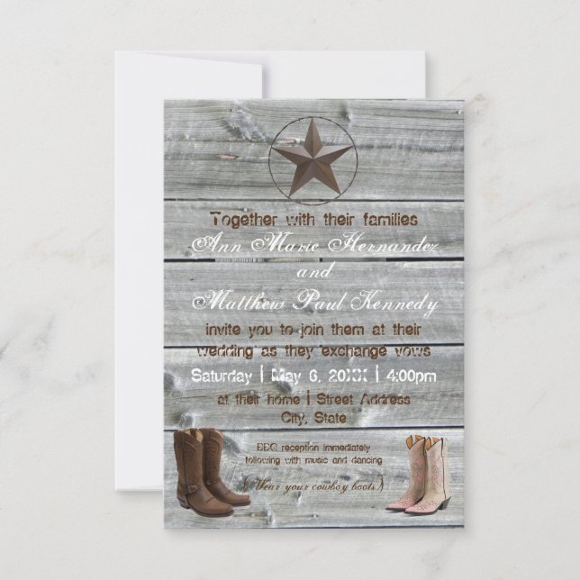 Distress Wood Cowboy Boots-3x5Bröllopsinbjudan Inbjudningar (Framsida)