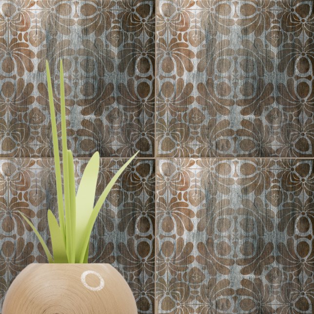 Distress Wood Replica Brown Damask Ornate Kakelplatta (Skapare uppladdad)