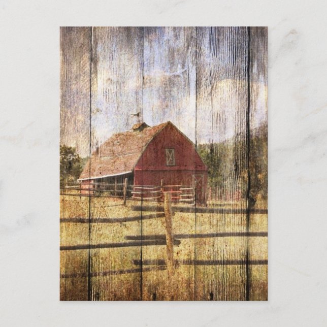 Distress Wood Rustic Westernare Land Red Barn Vykort (Framsida)
