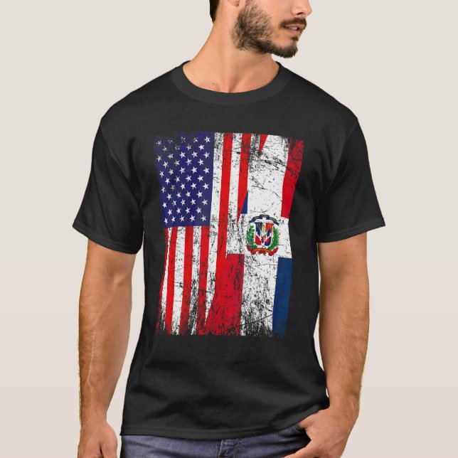 Distressad amerikansk Flagga och Dominikanska repu T Shirt (Framsida)