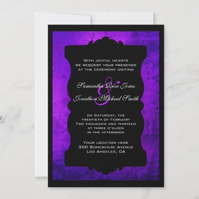 Distressad inbjudan till Lila Black Gothic Wedding (Framsida)