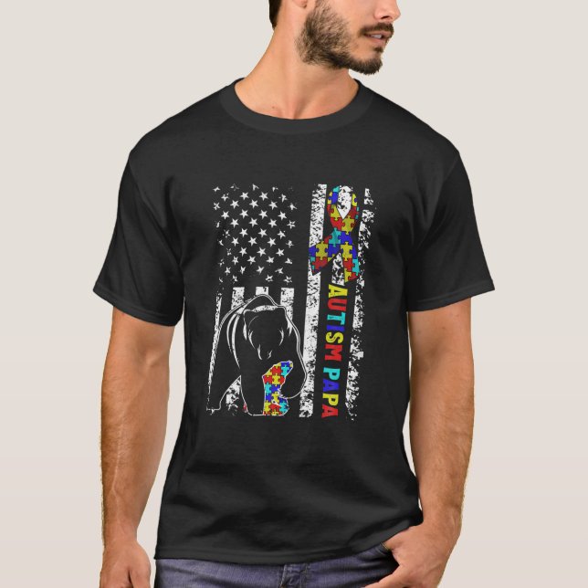 Distressade amerikanska Flagga Autism Pappa Bear A T Shirt (Framsida)