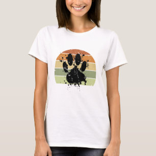 Distresse Paint Spatter Hund Tassavtryck Retro Sol T Shirt