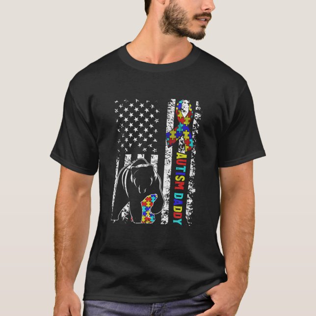 Distressed American Flag Autism Daddy Bear Awarene T Shirt (Framsida)