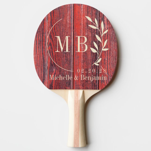 Distressed Barn Boards Leaf Wedding Monogram Pingisracket (Baksidan)