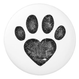 Distressed Black Heart Pawprint Ceramic Knob Knopp