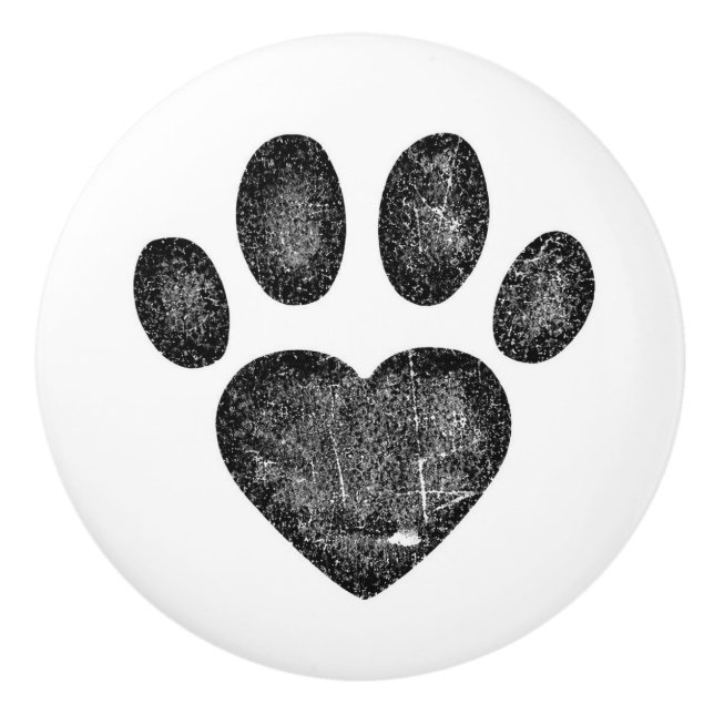 Distressed Black Heart Pawprint Ceramic Knob Knopp (Framsidan)
