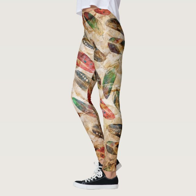 Distressed Boho Fjädermönster  Leggings (Vänster)