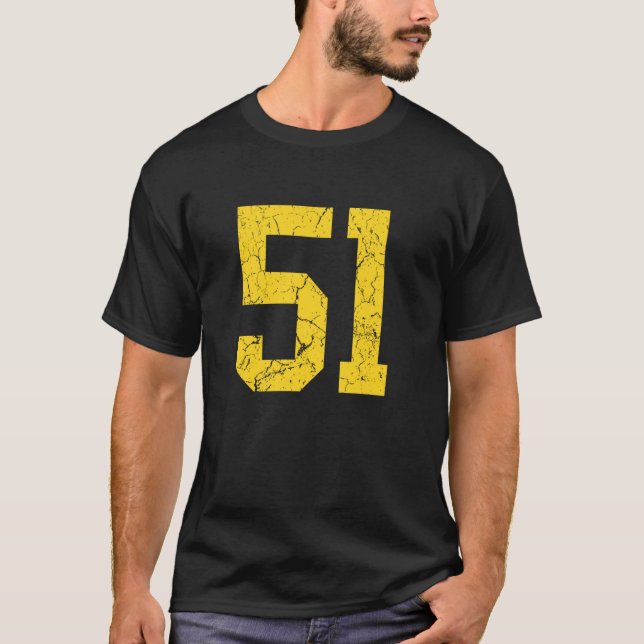 Distressed Bright Gold Number 51 Jersey Player Uni T Shirt (Framsida)