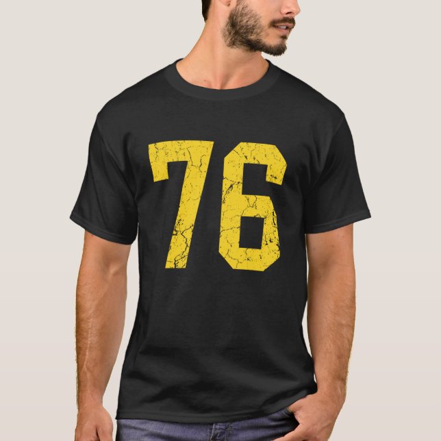 Distressed Bright Gold Number 76 Jersey Player Uni T Shirt (Framsida)