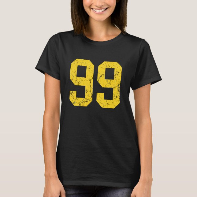 Distressed Bright Gold Nummer 99 Jersey Spelar Uni T Shirt (Framsida)