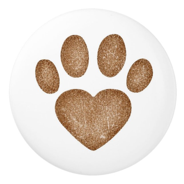 Distressed Brown Heart Pawprint Ceramic Knob Knopp (Framsidan)
