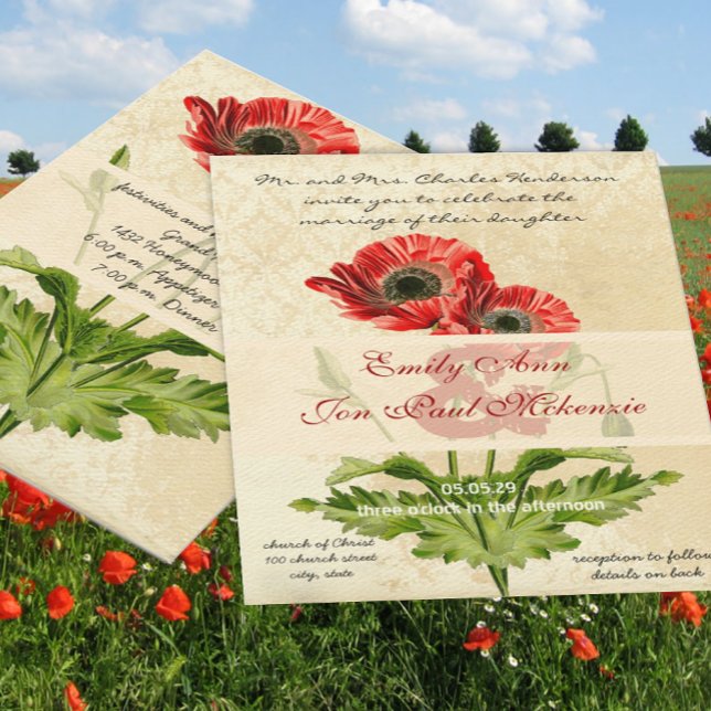 Distressed Damask Botanisk Vallmo Bröllop Inbjudningar (Skapare uppladdad)