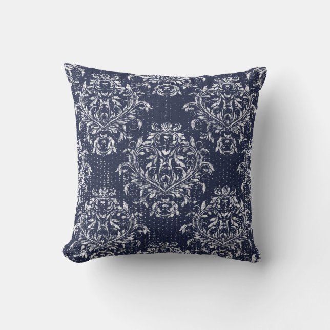 Distressed Damask Kastkudde - Marinblå Kudde (Framsida)